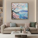 Impressionist hand-painted canvas depicting Mount Fuji with cherry blossoms and turquoise lake in soft pink and blue tones, contemporary living space