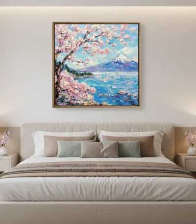 Impressionist hand-painted canvas depicting Mount Fuji with blooming cherry blossoms in soft pinks and vibrant blues, modern bedroom setting