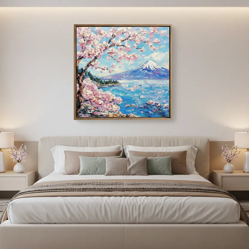 Azure Blossom Peak Vibrant floral mountain landscape color wall art (3) Impressionist hand-painted canvas depicting Mount Fuji with blooming cherry blossoms in soft pinks and vibrant blues, modern bedroom setting