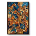Cubist painting of two horses, a mounted rider and a guitarist in terracotta, brown and blue tones, natural wood frame.