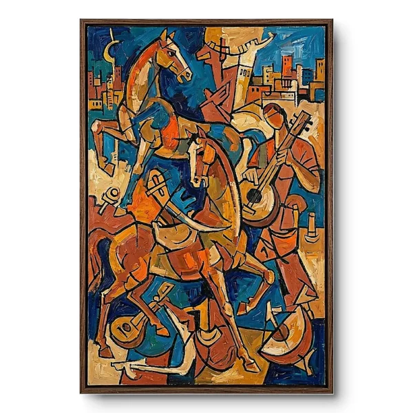 Cubist painting of two horses, a mounted rider and a guitarist in terracotta, brown and blue tones, natural wood frame.