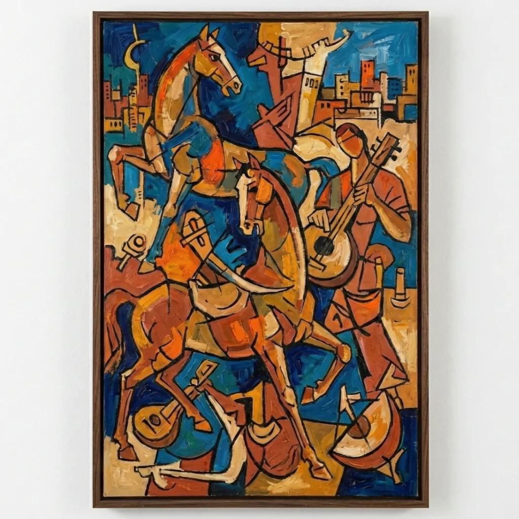Expressionist hand-painted canvas depicting stylized figures and horses in vibrant orange, blue and gold tones, contemporary interior