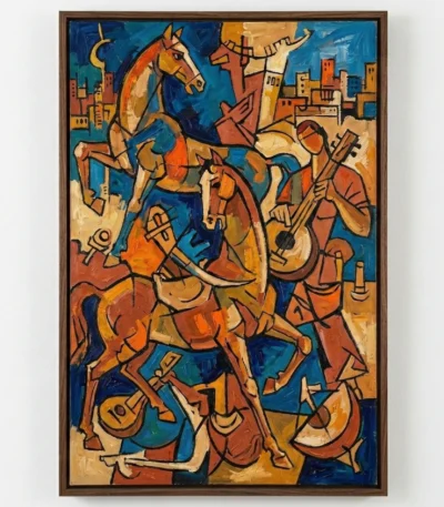 Expressionist hand-painted canvas depicting stylized figures and horses in vibrant orange, blue and gold tones, contemporary interior