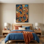 Gestural abstract figurative painting with layered horses and musicians in warm ochre and deep blue tones, modern bedroom