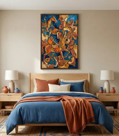 Gestural abstract figurative painting with layered horses and musicians in warm ochre and deep blue tones, modern bedroom