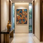 Vibrant figurative hand-painted canvas depicting layered horses and musicians in ochre and blue, contemporary entryway