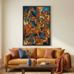 Gestural abstract hand-painted canvas depicting stylized horses and musicians in warm oranges and deep blues, contemporary living space