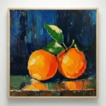 Textured contemporary still life painting depicting two vibrant oranges with green leaves in bold orange and deep blue tones, hand-painted canvas