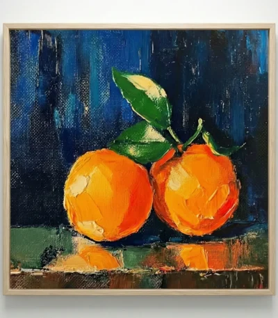 Textured contemporary still life painting depicting two vibrant oranges with green leaves in bold orange and deep blue tones, hand-painted canvas