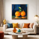 Contemporary still life hand-painted canvas depicting vibrant oranges with green leaves against deep blue background, warm earthy palette, modern living space
