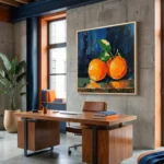 Expressionist hand-painted canvas of vibrant oranges with green leaves on deep blue background, contemporary office space