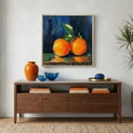 Contemporary still life painting featuring two vibrant orange citrus fruits with green leaves on deep blue background, modern living space