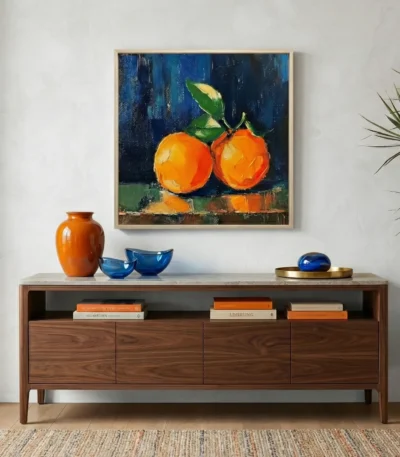 Contemporary still life painting featuring two vibrant orange citrus fruits with green leaves on deep blue background, modern living space