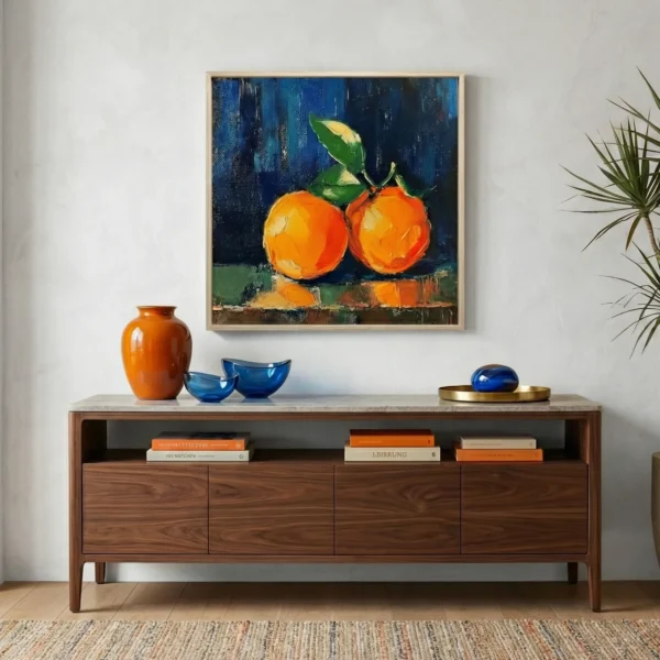 Contemporary still life painting featuring two vibrant orange citrus fruits with green leaves on deep blue background, modern living space
