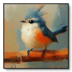 Impasto portrait of a fluffy blue-grey and orange bird perched on a branch against a warm tan ground, thin black frame.