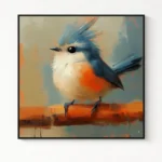 Gestural contemporary hand-painted canvas depicting a blue-crested bird with vibrant orange-red breast perched on an ochre branch, warm neutral palette