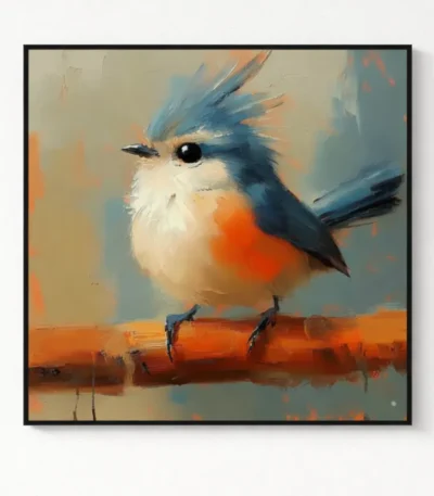 Gestural contemporary hand-painted canvas depicting a blue-crested bird with vibrant orange-red breast perched on an ochre branch, warm neutral palette