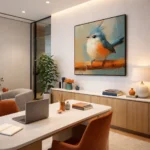 Contemporary figurative hand-painted canvas of a blue-crested robin with orange breast on warm ochre branch, muted sage and terracotta palette, modern office space