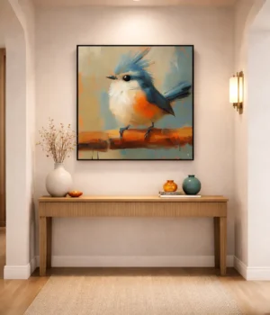 Contemporary figurative hand-painted canvas of a crested blue bird with orange breast on warm ochre branch, modern entryway