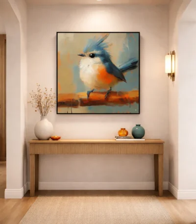 Contemporary figurative hand-painted canvas of a crested blue bird with orange breast on warm ochre branch, modern entryway