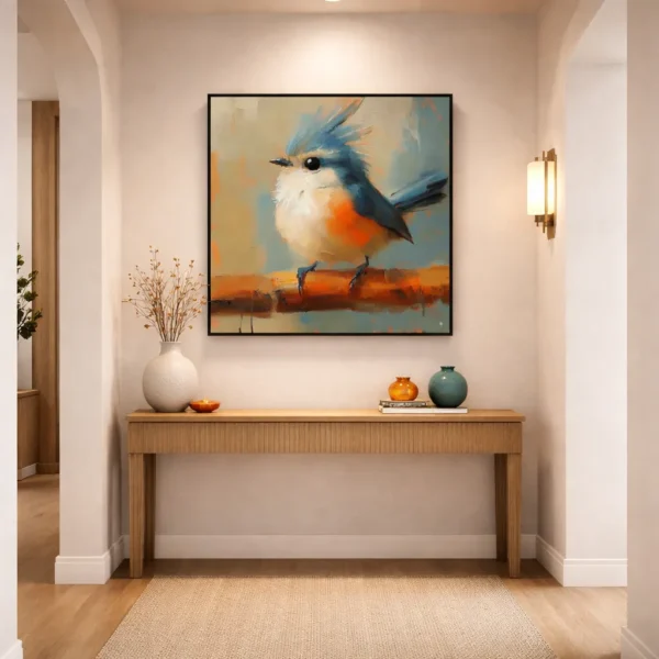 Contemporary figurative hand-painted canvas of a crested blue bird with orange breast on warm ochre branch, modern entryway