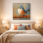 Contemporary figurative hand-painted canvas of a blue-crested bird in warm orange and muted tones, modern bedroom