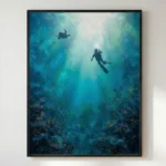 Contemporary figurative hand-painted canvas depicting scuba divers and sea turtle in luminous turquoise ocean depths with golden fish schools