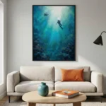 Contemporary figurative hand-painted canvas depicting scuba divers ascending toward sunlit waters in layered turquoise and teal tones, modern living space