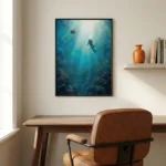 Atmospheric hand-painted canvas depicting scuba divers ascending through layered turquoise waters with ethereal light, contemporary workspace