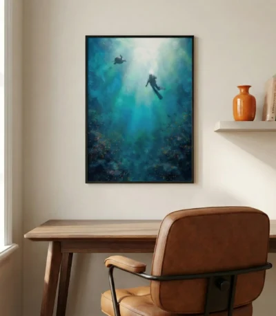 Atmospheric hand-painted canvas depicting scuba divers ascending through layered turquoise waters with ethereal light, contemporary workspace