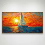 Expressionist hand-painted canvas depicting a sailboat at vibrant sunset in radiant oranges, golds, and deep teals