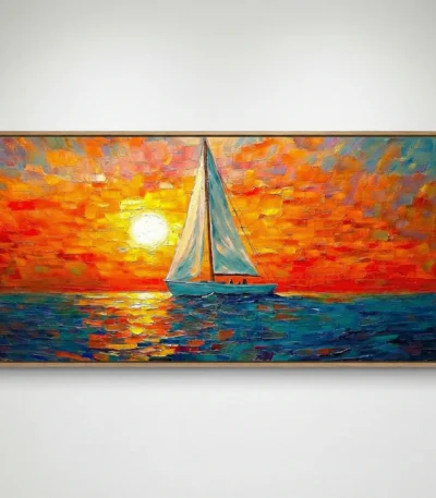Expressionist hand-painted canvas depicting a sailboat at vibrant sunset in radiant oranges, golds, and deep teals