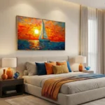 Impressionist hand-painted canvas of sailboat at sunset with vibrant orange and gold sky reflecting on deep blue water, modern bedroom