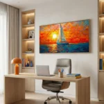 Impressionist hand-painted canvas depicting sailboat at vibrant sunset with bold orange and teal brushstrokes, modern workspace setting