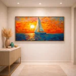 Expressionist hand-painted canvas depicting sailboat at vibrant sunset with bold orange and deep blue palette, contemporary entryway