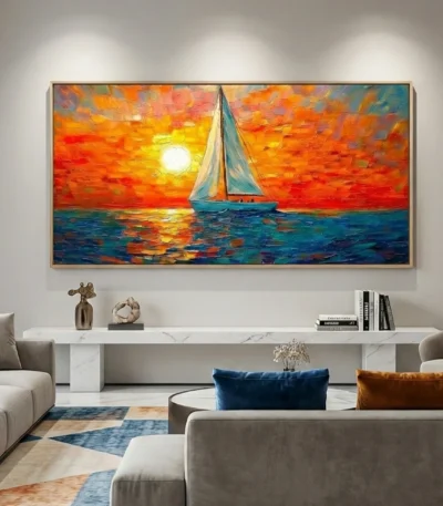 Impressionist hand-painted canvas depicting sailboat at golden sunset with vibrant orange sky and deep blue sea, contemporary living space