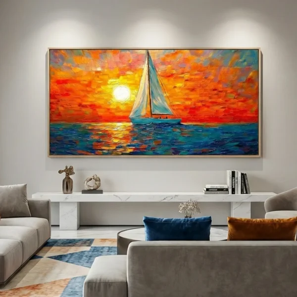 Impressionist hand-painted canvas depicting sailboat at golden sunset with vibrant orange sky and deep blue sea, contemporary living space