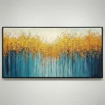 Contemporary abstract hand-painted canvas featuring golden foliage canopy above teal vertical brushstrokes, modern living space