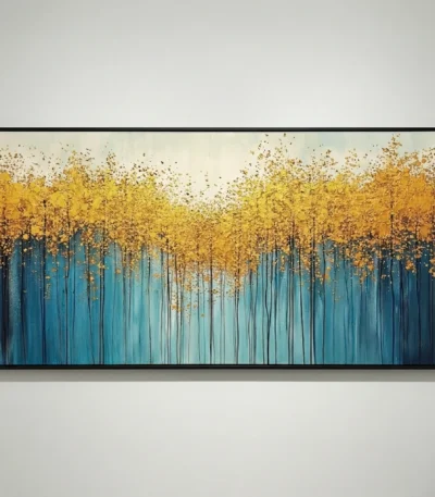 Contemporary abstract hand-painted canvas featuring golden foliage canopy above teal vertical brushstrokes, modern living space