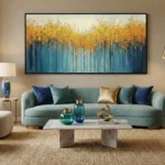 Layered abstract hand-painted canvas depicting golden forest canopy over cool teal trunks in muted earth and ocean tones, contemporary living space