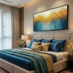 Layered abstract hand-painted canvas with golden foliage canopy transitioning to deep teal vertical brushstrokes, modern bedroom