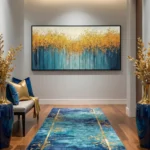 Textured abstract hand-painted canvas depicting golden forest canopy over layered blue trees, ochre and teal palette, contemporary living space