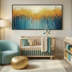 Textured abstract landscape hand-painted canvas with golden forest canopy and deep teal vertical trees, nursery setting
