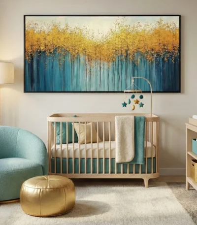 Textured abstract landscape hand-painted canvas with golden forest canopy and deep teal vertical trees, nursery setting