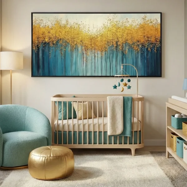 Textured abstract landscape hand-painted canvas with golden forest canopy and deep teal vertical trees, nursery setting