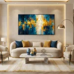 Contemporary abstract hand-painted canvas with layered geometric squares in deep blues, golden yellows, and cream tones, modern living space
