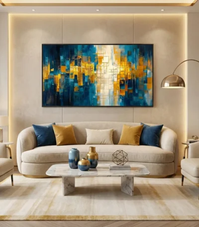 Contemporary abstract hand-painted canvas with layered geometric squares in deep blues, golden yellows, and cream tones, modern living space