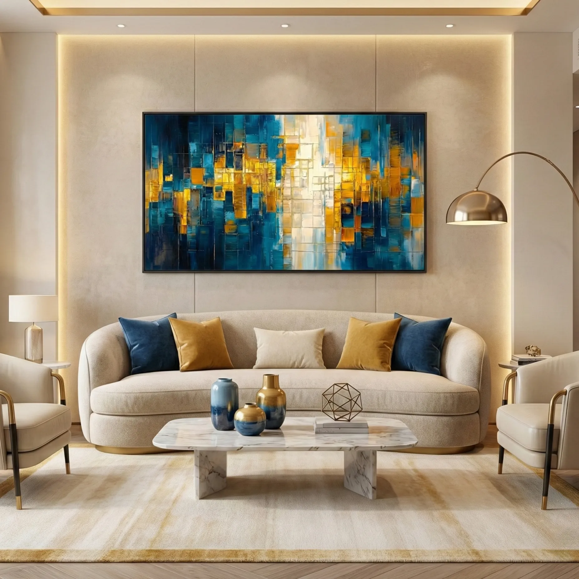 Azure Horizon Modern blue and yellow painting color wall art (1) Contemporary abstract hand-painted canvas with layered geometric squares in deep blues, golden yellows, and cream tones, modern living space