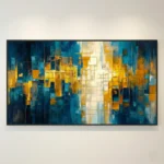 Layered abstract hand-painted canvas in deep teals, golden yellows, and cream with vertical gestural brushstrokes, contemporary living space