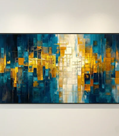 Layered abstract hand-painted canvas in deep teals, golden yellows, and cream with vertical gestural brushstrokes, contemporary living space